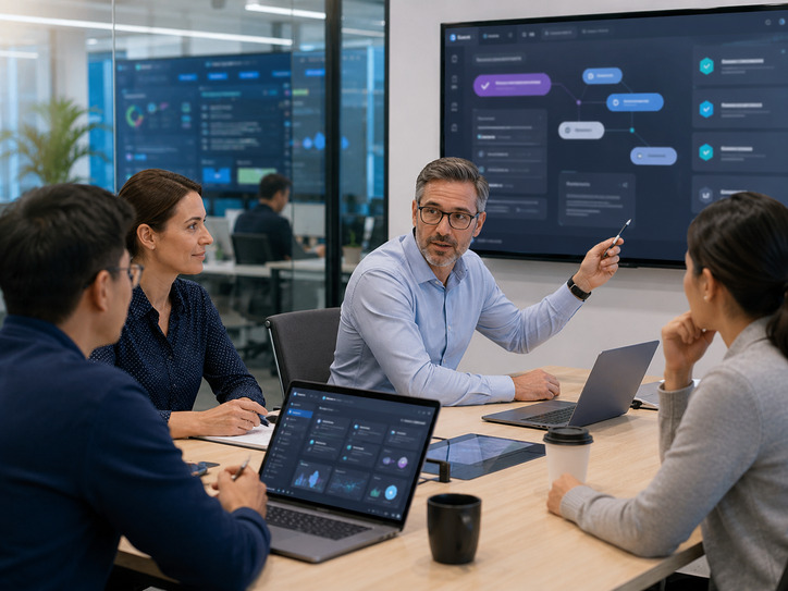 Service manager reviewing AI assisted helpdesk recommendations with team members