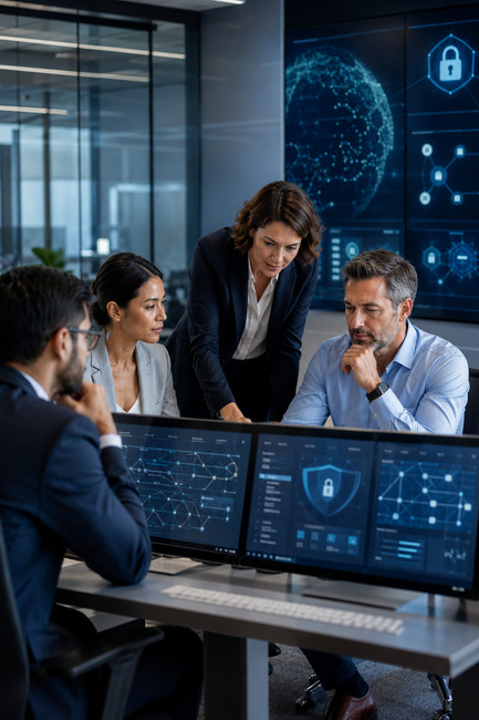 AI security operations team reviewing threat correlation and anomaly detection