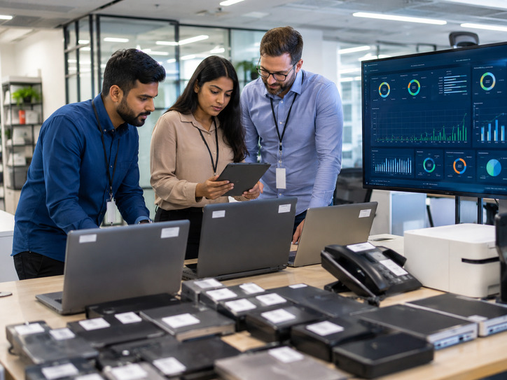 Enterprise asset management team reviewing asset allocation and lifecycle records
