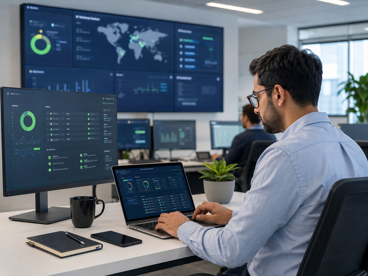 Endpoint security analyst reviewing desktop security status