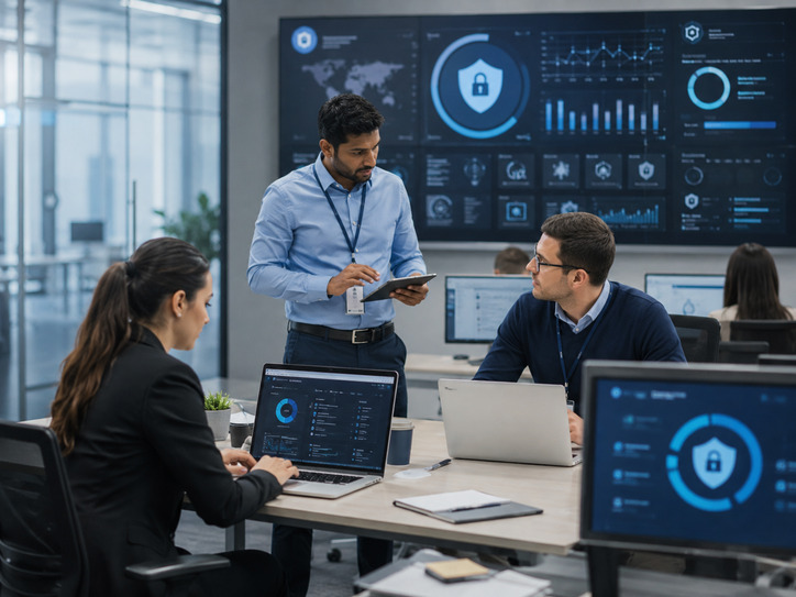 Enterprise endpoint security team reviewing desktop protection and compliance