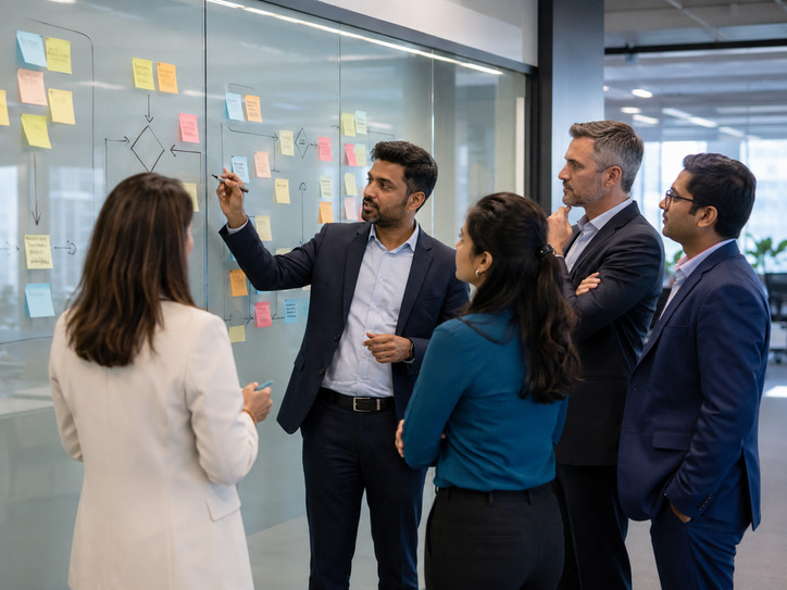 Enterprise service management team reviewing shared service workflows
