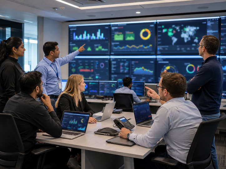 IT operations team reviewing infrastructure alerts, uptime and incident response