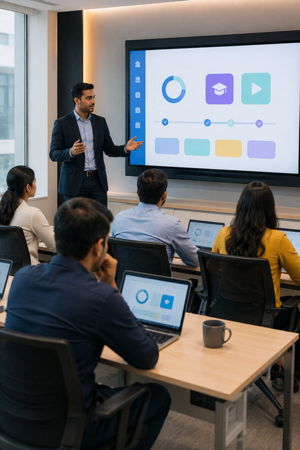 Enterprise LMS team reviewing employee learning and training analytics