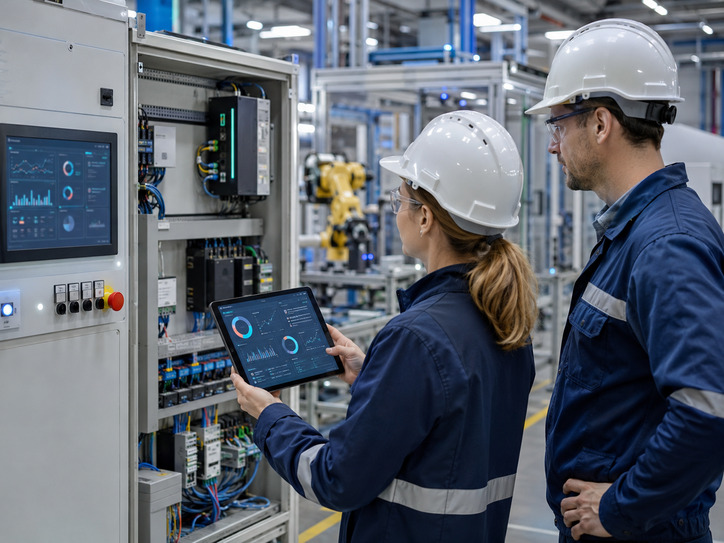 Industrial engineer and cybersecurity specialist reviewing OT and IoT security